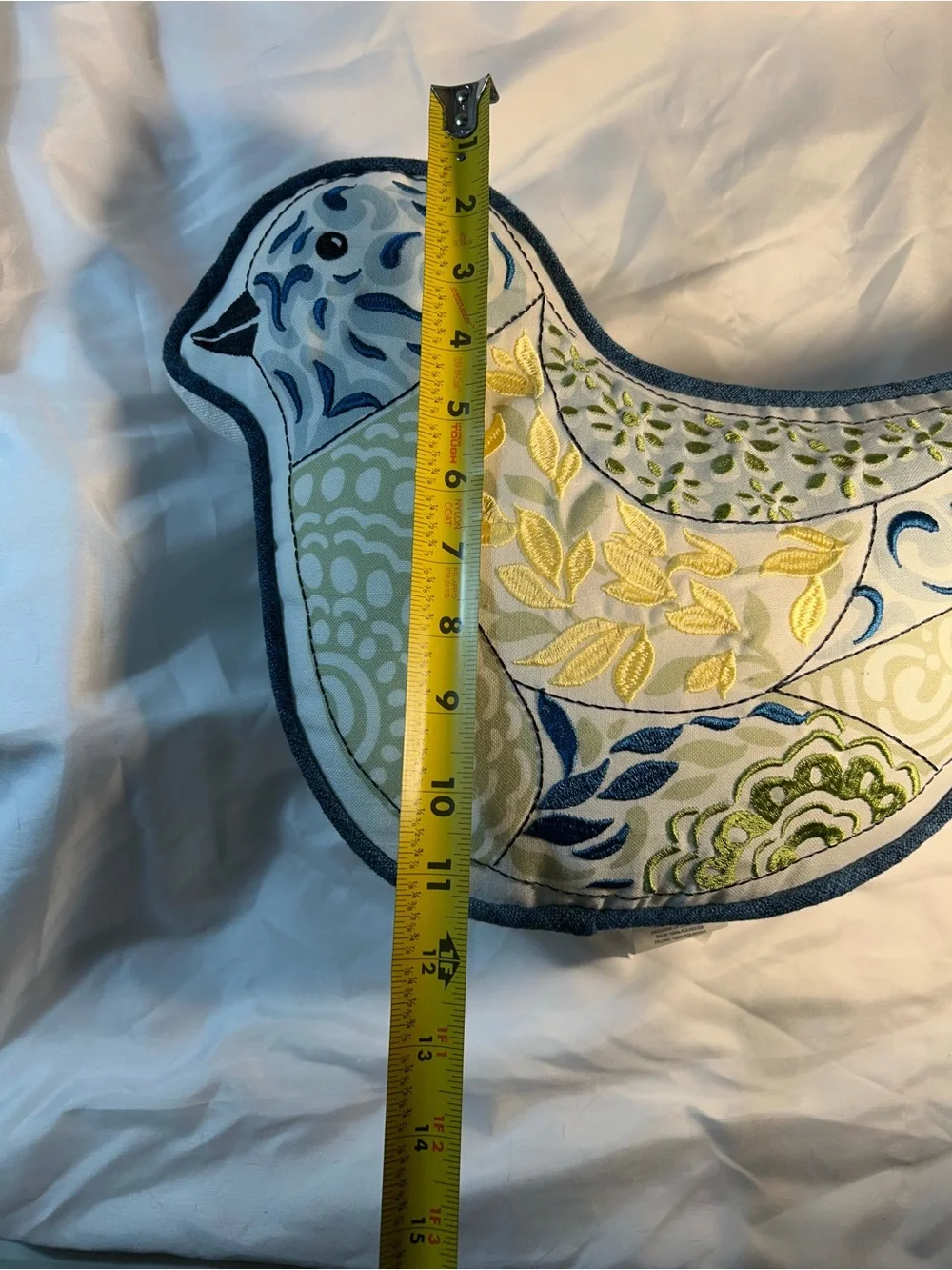 Patchwork Bird Accent Pillow in Blue, Green & Yellow